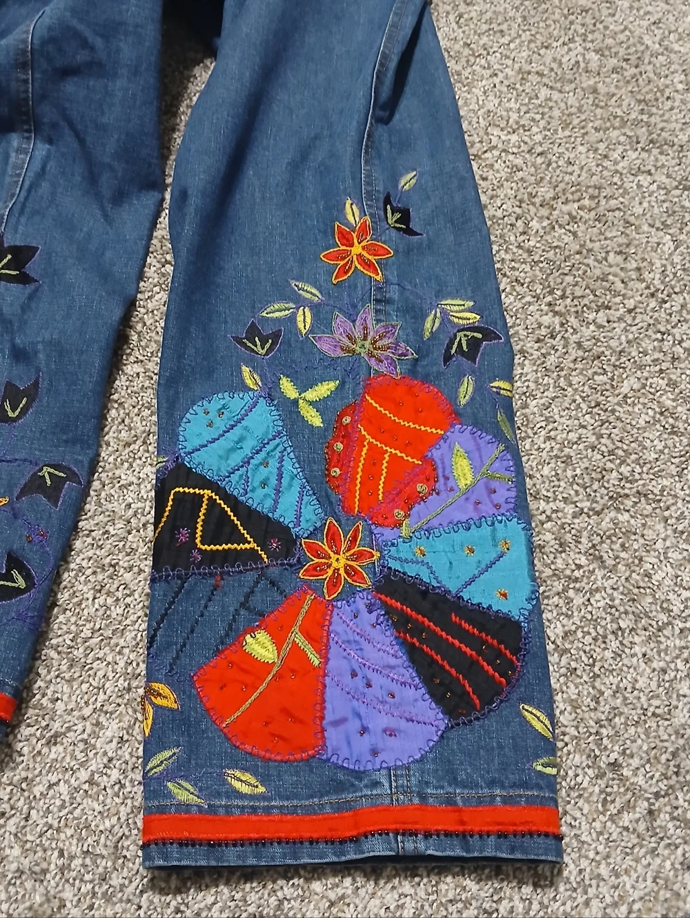 Chico's 100% Cotton Embroidered Wide Leg Denim Jeans - Multicolor Floral Detail - Picture 12 of 16